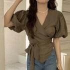 Puff Sleeve Wrapped Blouse Brown - One Size