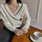 V-neck Cropped Sweater Gray Beige - One Size
