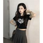 Heart Lettering Cropped Top Houndstooth - Black - One Size