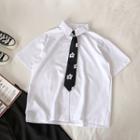 Plain Single-breasted Short-sleeve Blouse With Flower Print Tie White - One Size