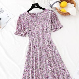 Short-sleeve Floral Print Bow-back Midi Chiffon Dress