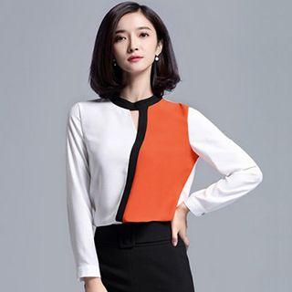 Keyhole Front Color Block Chiffon Blouse