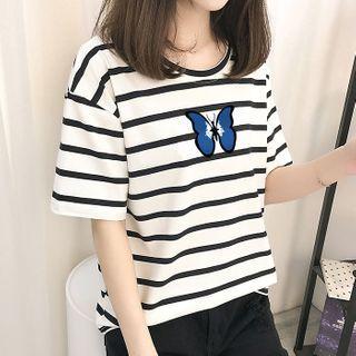 Butterfly Print Striped Elbow-sleeve T-shirt