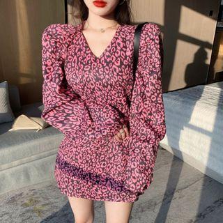 Leopard Print Long-sleeve Mini A-line Dress