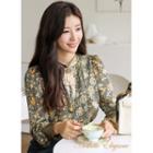 Stand-collar Ruffled Floral Blouse