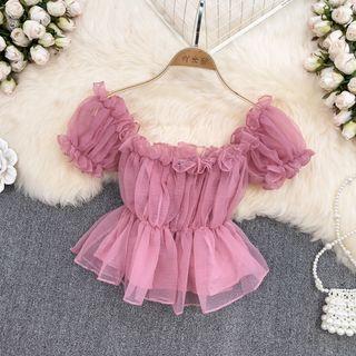 Off-shoulder Ruffle Mesh Blouse