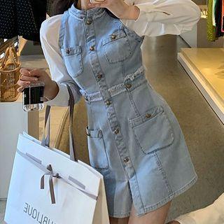 Detachable-sleeve Denim Mini A-line Dress