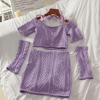 Set: Short-sleeve Butterfly Detail Cropped T-shirt + Mini Pencil Skirt + Arm Sleeves Purple - One Size