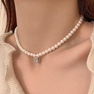 Rhinestone Pendant Faux Pearl Choker Silver - One Size