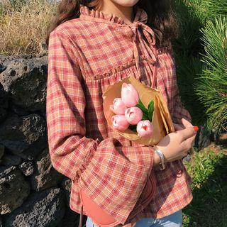 Long-sleeve Frill-trim Plaid Top As Shown In Figure - One Size