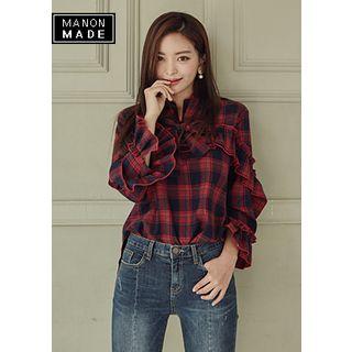 Tie-neck Frilled Tartan-plaid Top