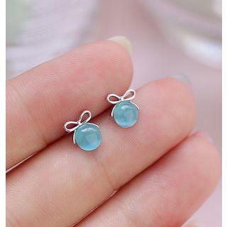 925 Sterling Silver Bow & Faux Cat Eye Stone Earring 1 Pair - Blue - One Size