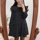 Dotted Long-sleeve Frill Trim A-line Dress