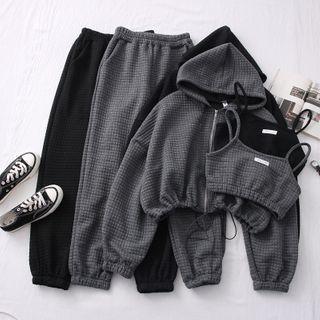 Set: Waffle Cropped Camisole + Hooded Jacket + Jogger Pants