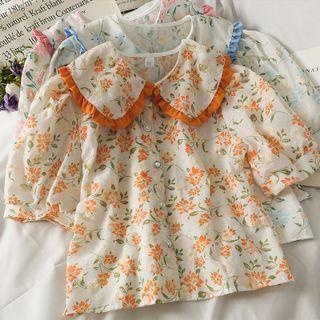 Ruffled-trim Embroidered Floral Loose Shirt