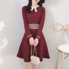 Striped Trim Long-sleeve A-line Knit Dress