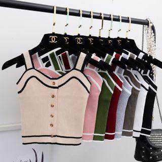 Buttoned Contrast Trim Sleeveless Knit Top