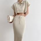 Short-sleeve Collared Knit Crop Top / Midi Pencil Skirt