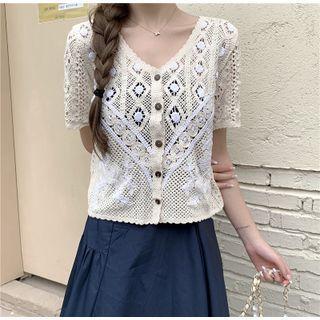 Short-sleeve Crochet Cardigan / Plain Midi A-line Skirt / Set