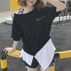 Lettering Strap Color Panel Elbow Sleeve T-shirt
