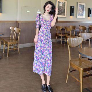 Square Collar Puff-sleeved Floral Dress