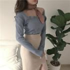 Button Detail Square Neck Long-sleeve T-shirt