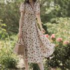 Short-sleeve Floral-pattern A-line Midi Dress