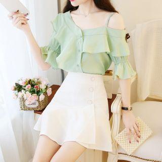 Cold-shoulder Ruffle Blouse / Mini A-line Skirt / Set