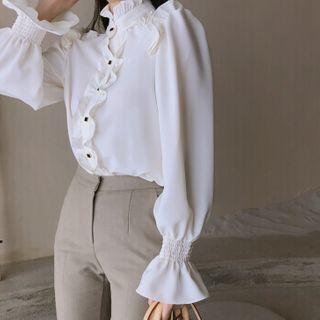 Frilled-trim Clover-button Bell-cuff Blouse Ivory - One Size