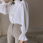 Frilled-trim Clover-button Bell-cuff Blouse Ivory - One Size