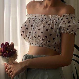 Puff-sleeve Off-shoulder Polka Dot Top