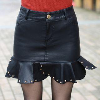 Studded Ruffle Hem Faux Leather Mini Skirt