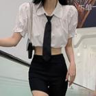 Puff-sleeve Cropped Blouse With Necktie