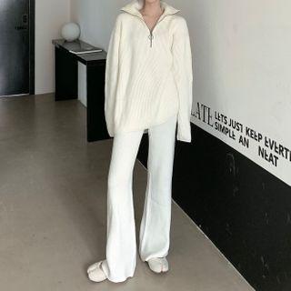Stand Collar Half-zip Sweater / Knit Wide-leg Pants