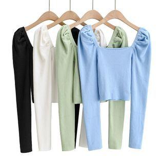 Long-sleeve Square-neck Knit Crop Top