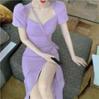Short-sleeve Side-slit Midi Sheath Dress