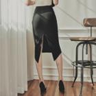 Band-waist Slit-back Midi Pencil Skirt