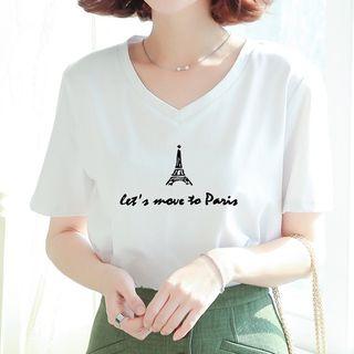Short-sleeve V-neck Eiffel Tower Print T-shirt