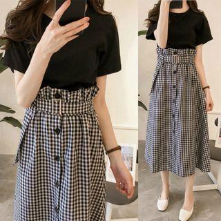 Set: Short Sleeve- Top + Checked Midi Skirt