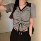 Short-sleeve Polo Collar Drawstring Cropped Top Gray - One Size