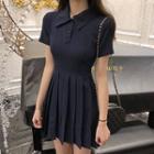 Collared Short-sleeve Pleated Mini Dress