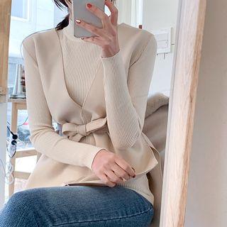 Set: Sleeveless Faux-suede Top + Mock-neck Knit Top + Belt Beige - One Size