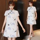 Crane Print Mandarin Collar Short-sleeve Mini A-line Dress