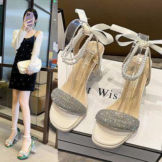 Faux Pearl Ankle-strap Rhinestone Chunky-heel Sandals
