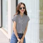 Cap-sleeve Mandarin-collar Stripe Shirt