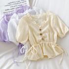 V-neck Drawstring Waist Puff-sleeve Blouse