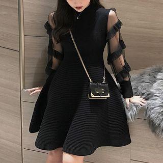 Mesh Panel Long-sleeve A-line Knit Dress