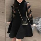 Mesh Panel Long-sleeve A-line Knit Dress