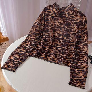 Long-sleeve Mock-neck Leopard Print Top Leopard - Coffee - One Size
