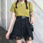 Short-sleeve T-shirt / Mesh Paneled A-line Mini Denim Skirt